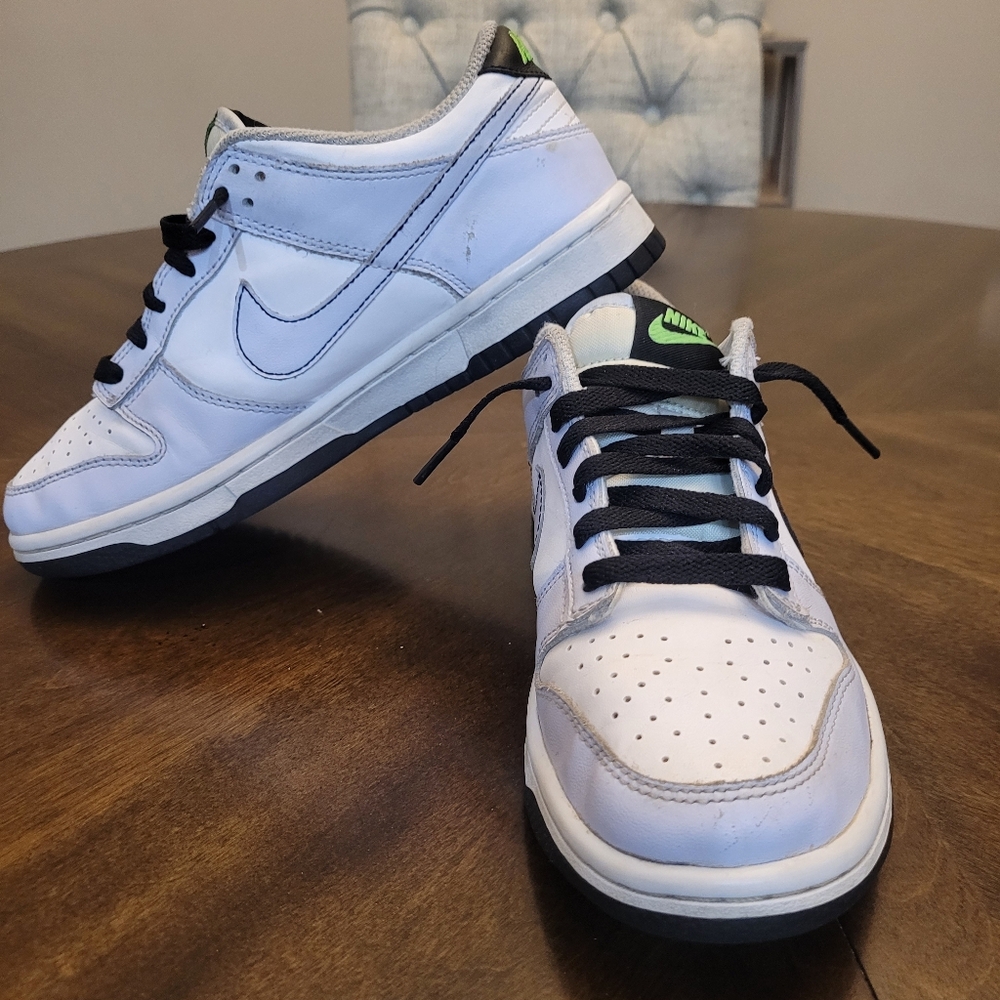 Nike Dunk GS White, Green and Black Low-Top Sneakers. Youth 5